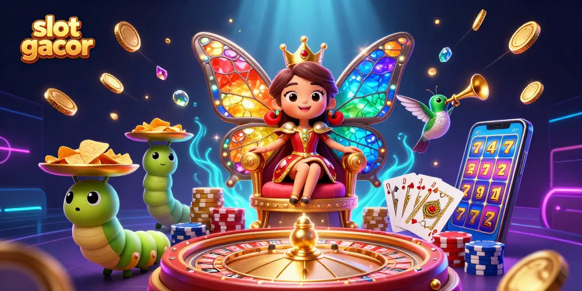 Experience thrilling slot gacor action with a vibrant 3D cartoon illustration depicting a butterfly queen and game elements.