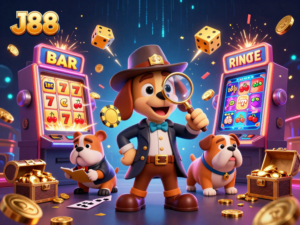 J88 players uncovering treasures with a detective and bulldog in an exciting casino scene.