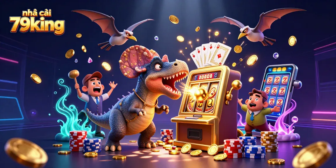 Experience the excitement of nhà cái 79king with a dynamic scene of dinosaur characters and slot machine jackpots.