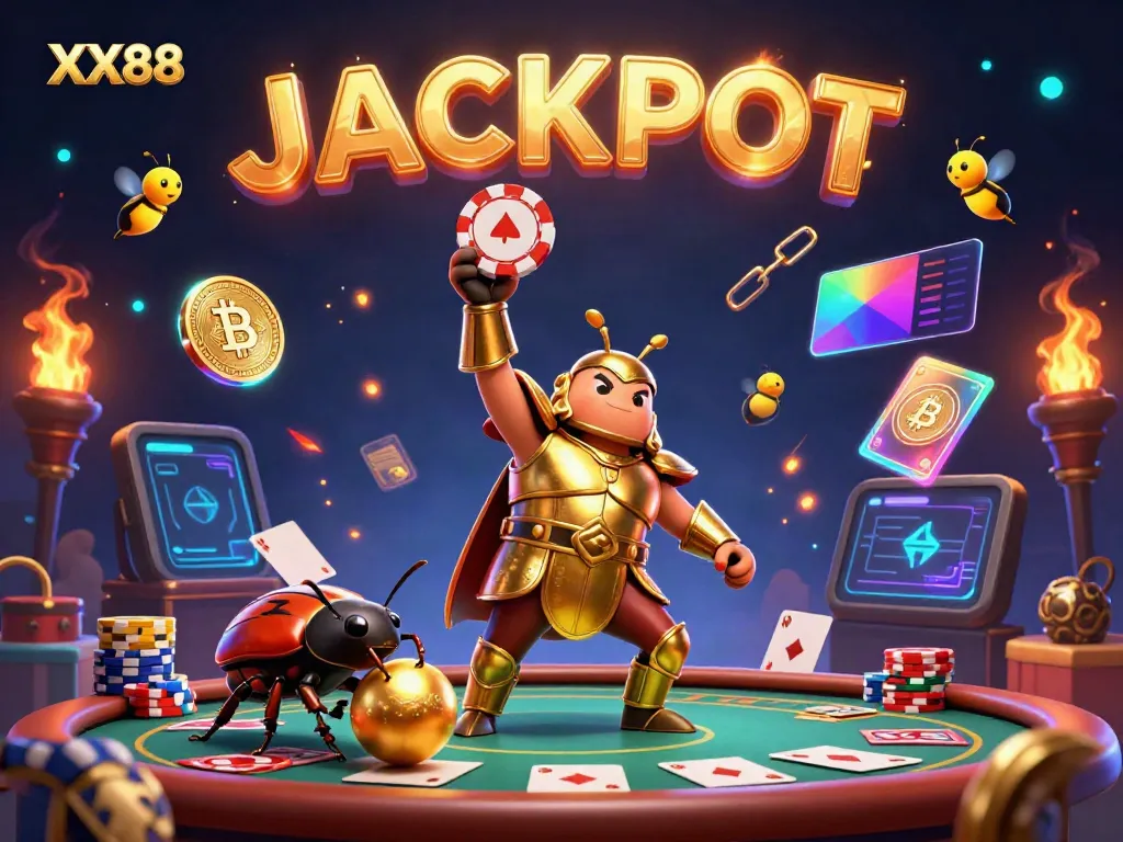 Join the excitement of XX88 Casino with a victorious beetle, poker chips, and vibrant gaming elements.