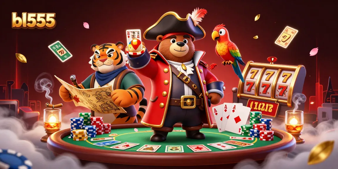 Experience thrilling gameplay at bl555 with a vibrant 3D scene of pirate captain and poker elements.