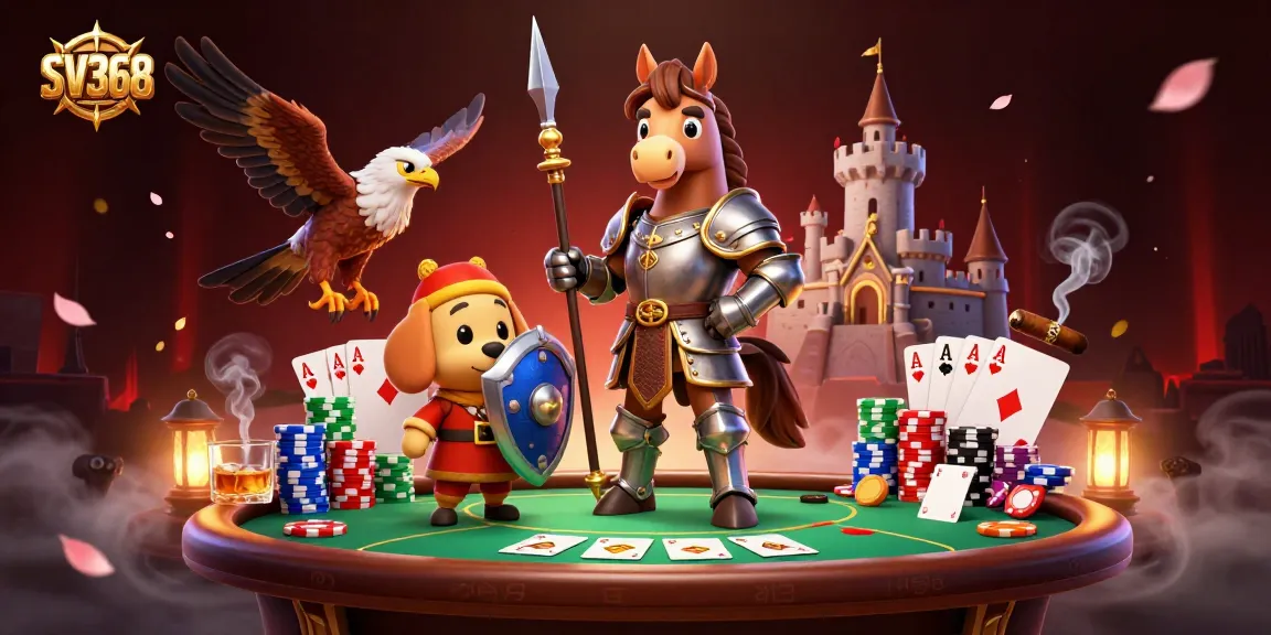 SV368 immersive illustration showcasing a medieval knight and friends at a vibrant poker table.