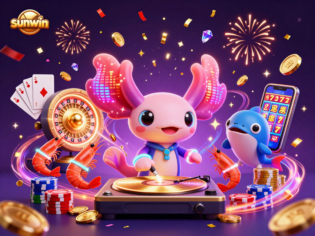 Experience the excitement of sunwin with a vibrant 3D casino scene featuring a lively DJ and reveling sea creatures.