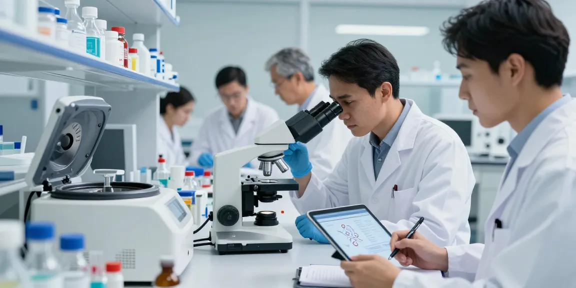 GHK Cu peptide research in a modern lab, scientists analyzing samples with advanced equipment.