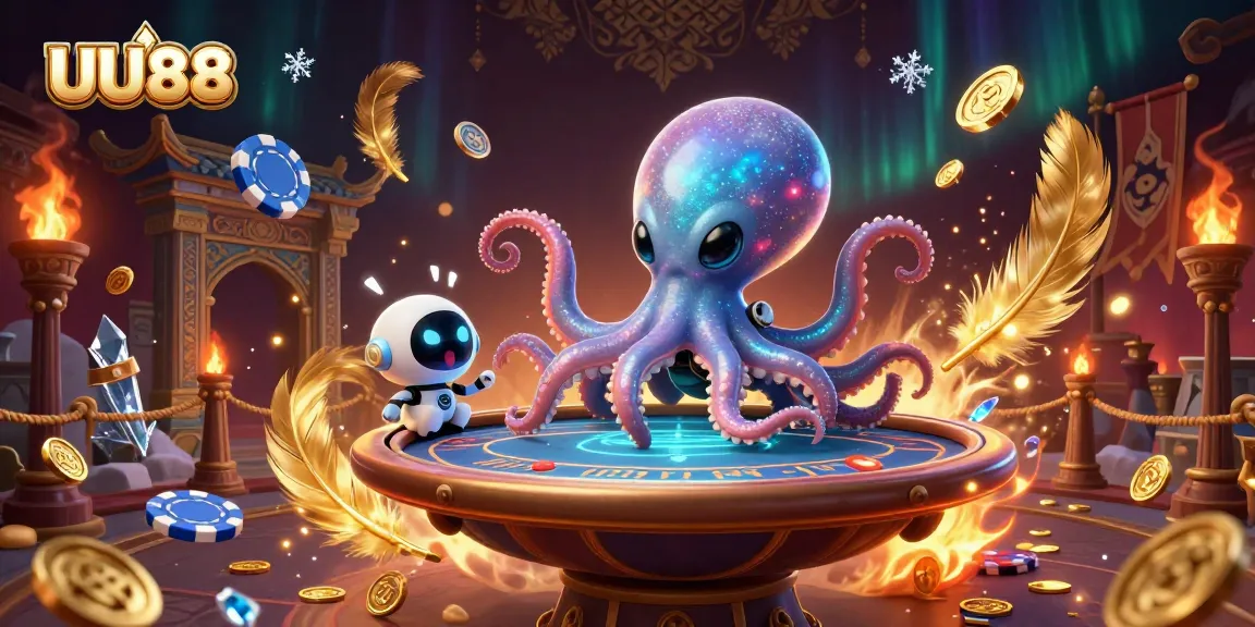 UU88 alien octopus engaging at a holographic poker table with excitement and swirling casino elements.