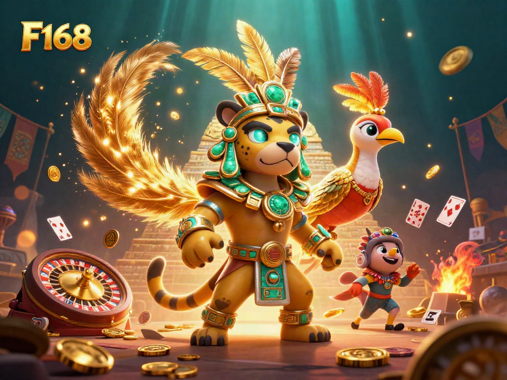 Experience thrilling live casino action at F168 with a dynamic 3D illustration showcasing Mayan themes and gaming elements.