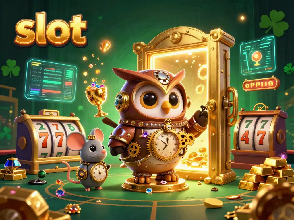 Engaging slot gaming scene featuring a whimsical owl and a clockwork mouse amid treasures and jackpot excitement.