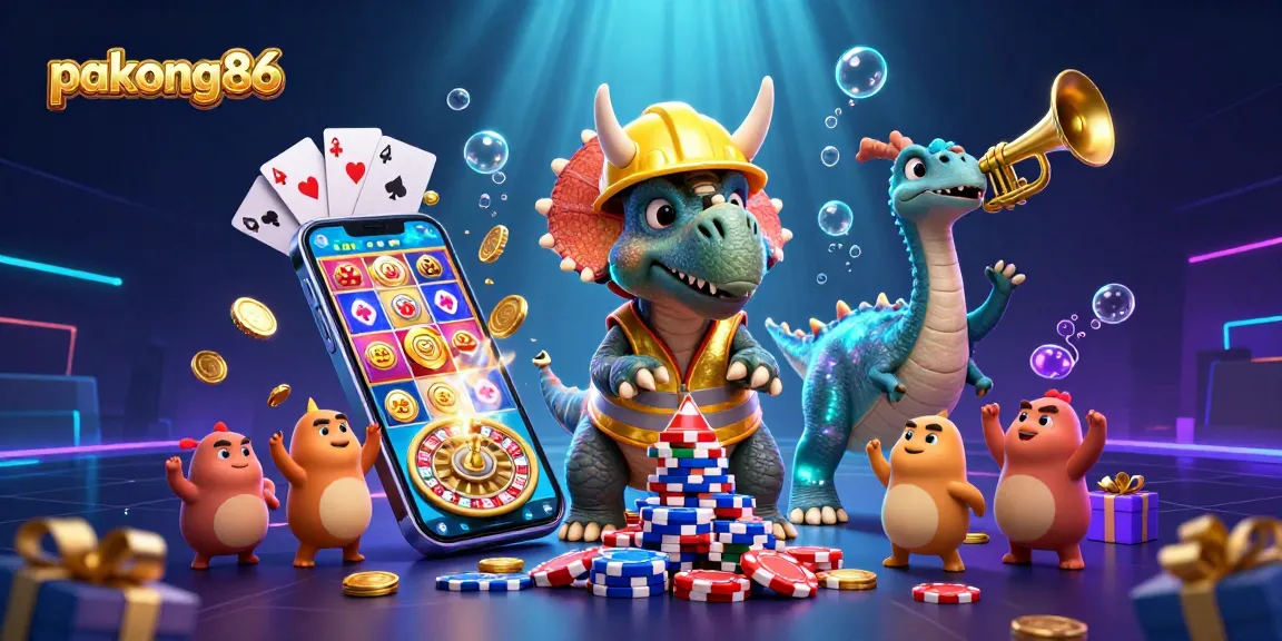 pakong86 celebrates with cheerful characters surrounded by a vibrant casino atmosphere featuring poker chips, games, and colorful illustrations.