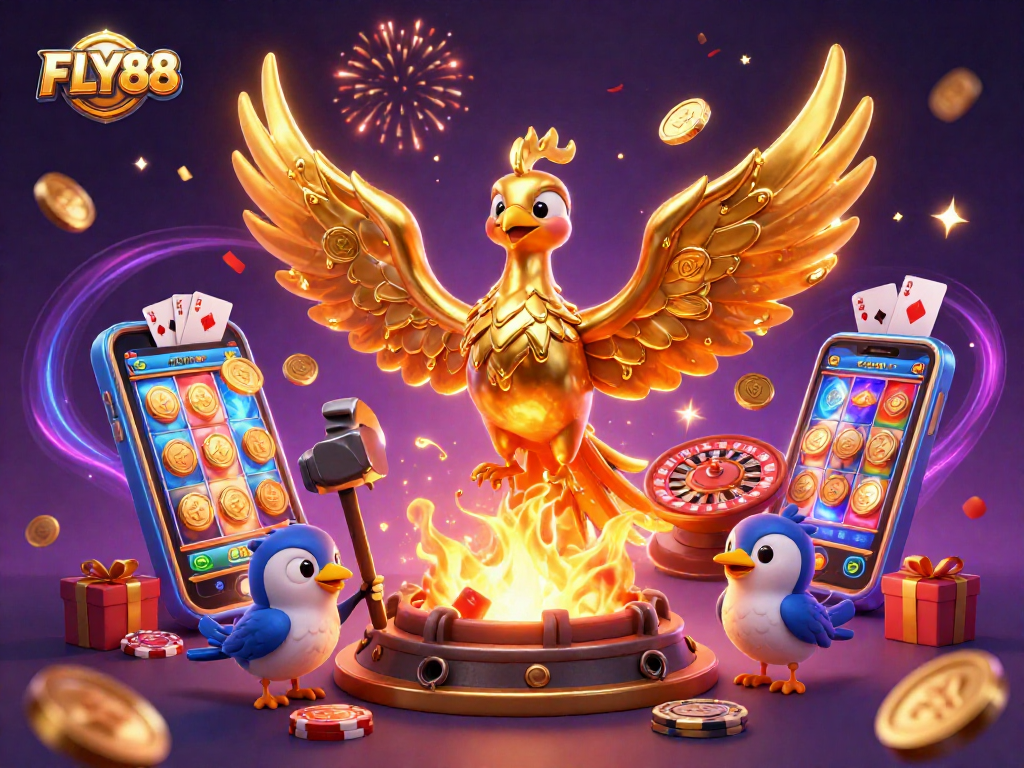 FLY88 unleashes thrilling casino action with a dynamic golden phoenix surrounded by games and vibrant elements.