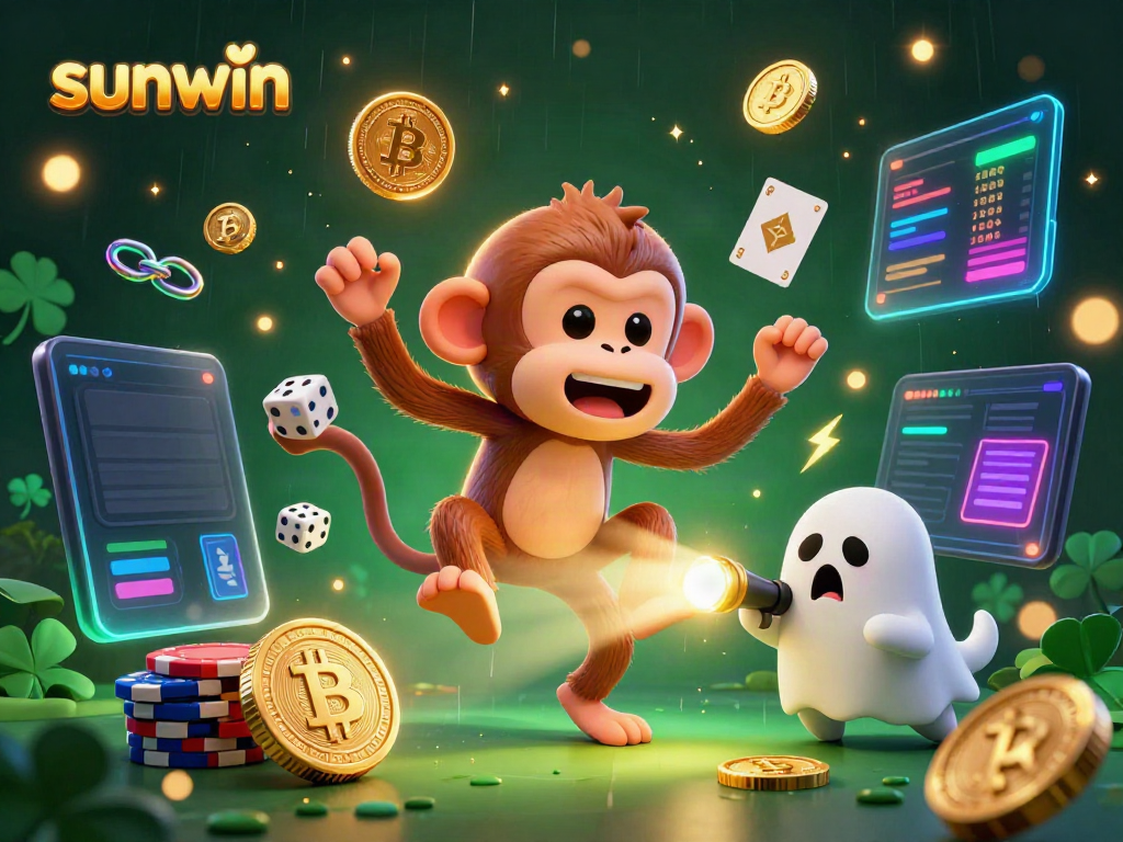 Experience the thrill of sunwin's gambling world with a poltergeist monkey and ghost-hunter puppy in a vibrant casino scene.