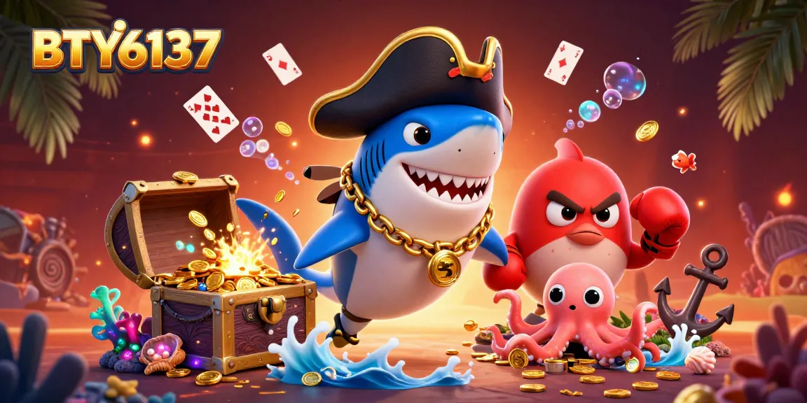 Engage with the BTY6137 scene featuring a joyful pirate shark and friends in a vibrant underwater casino.