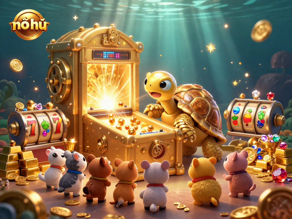 Experience winning moments in nổ hũ with a vibrant illustration of a colossal tortoise pinball machine and treasures.