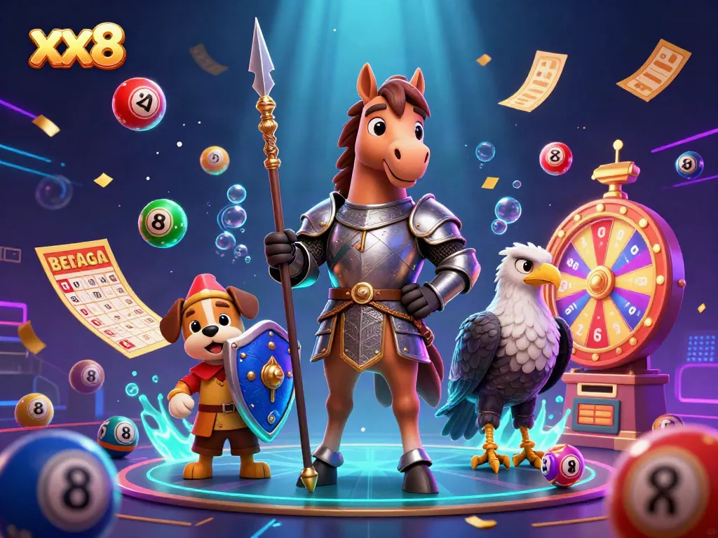 Experience the thrill of xx8 with a vivid 3D casino illustration showcasing lively game elements and characters.