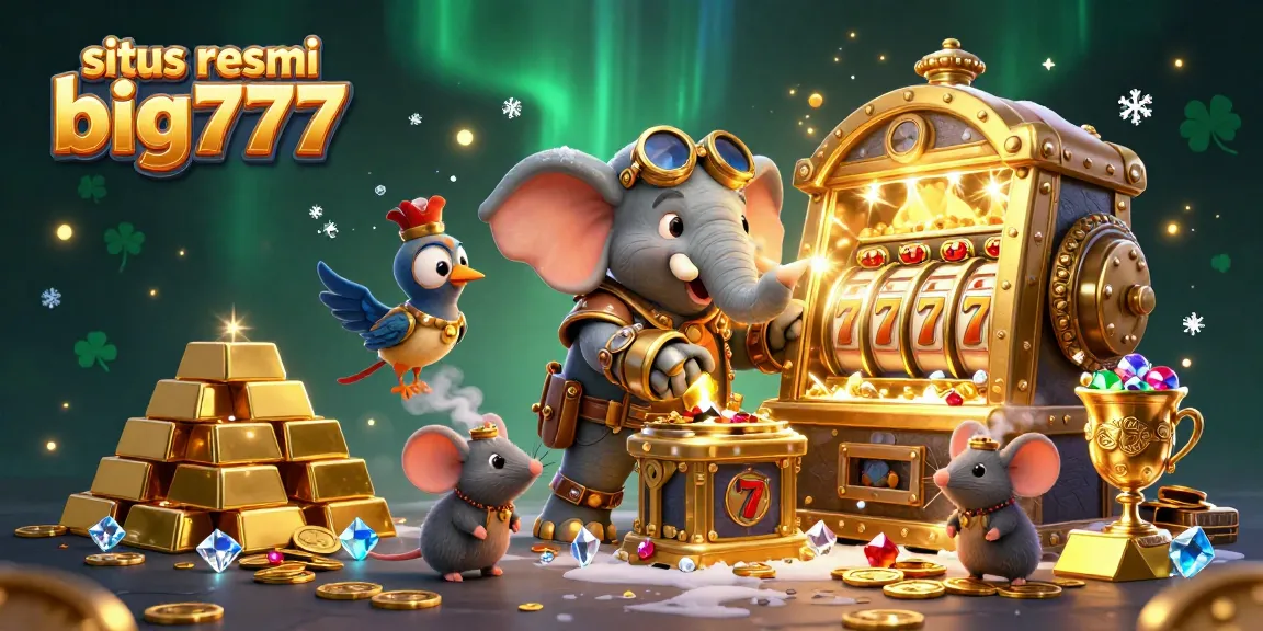 Engage with situs resmi big777 as a steampunk elephant operates a captivating slot machine in a vibrant casino scene.