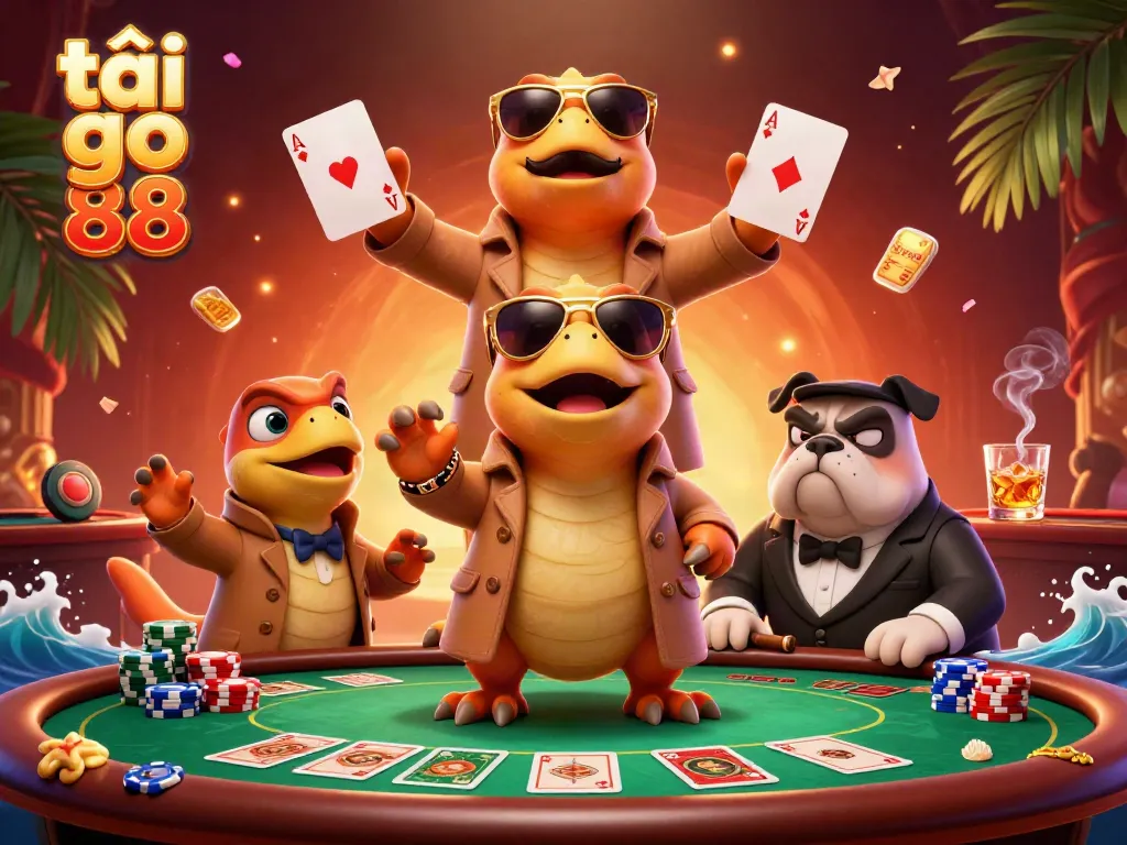 Experience the excitement of tải go 88 in a vibrant casino scene featuring cartoon raptors and a suspicious bouncer.